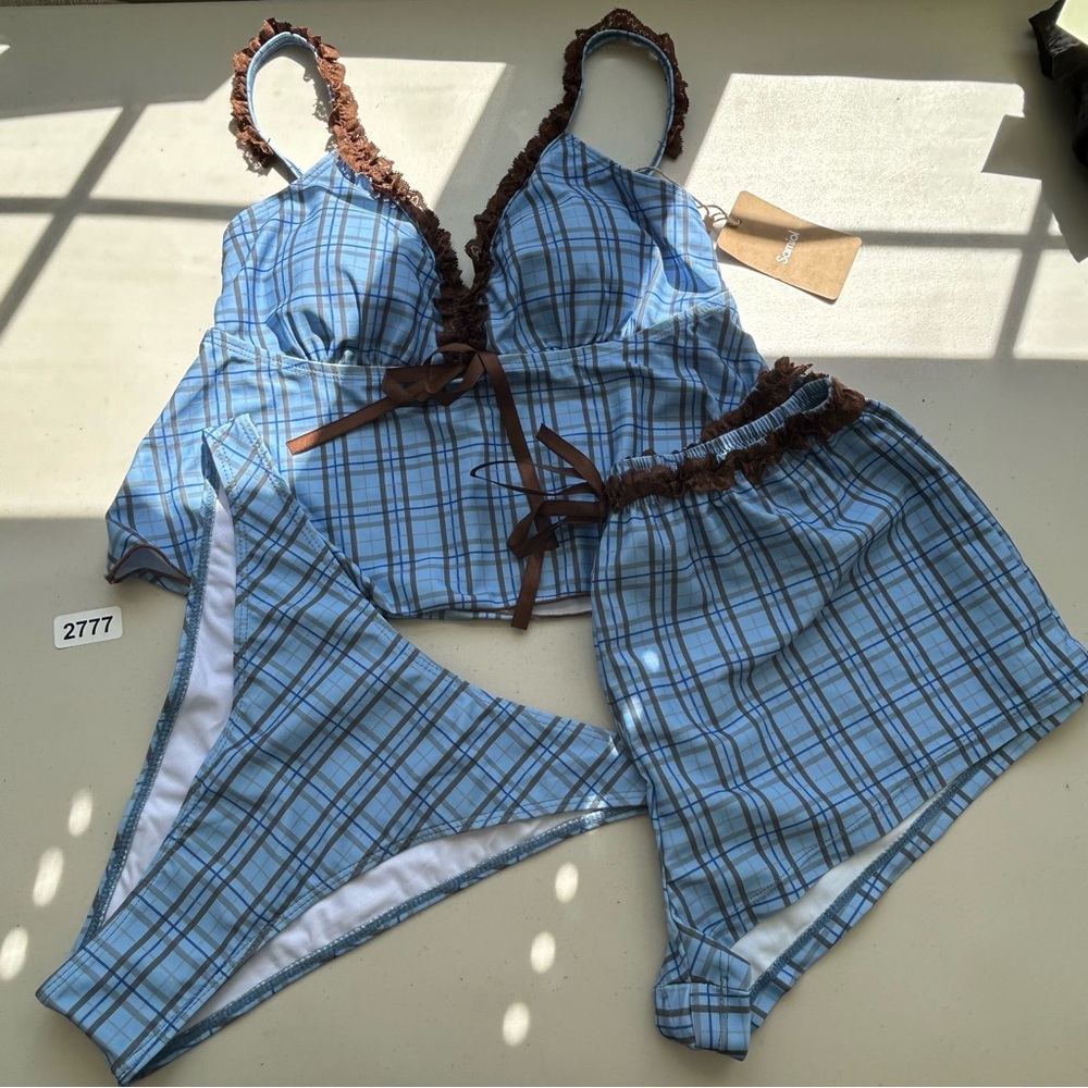 Samiol Medium Blue Contrast Lace Plaid Print Tankini 3 Piece Swim Set